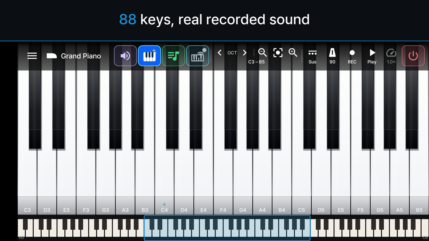Teclado de piano com 88 teclas com nomes de notas