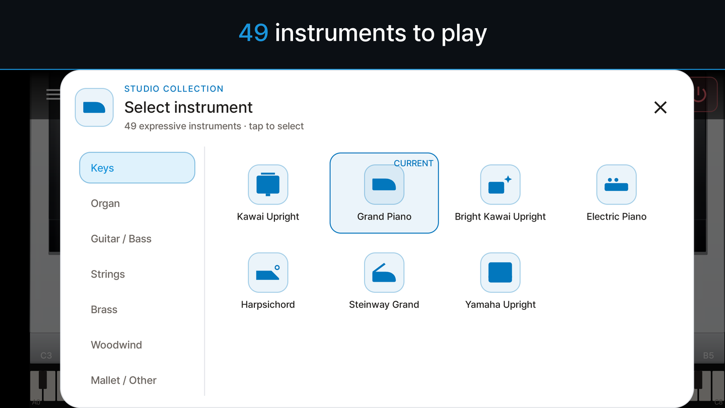 Seletor de instrumentos com 49 instrumentos