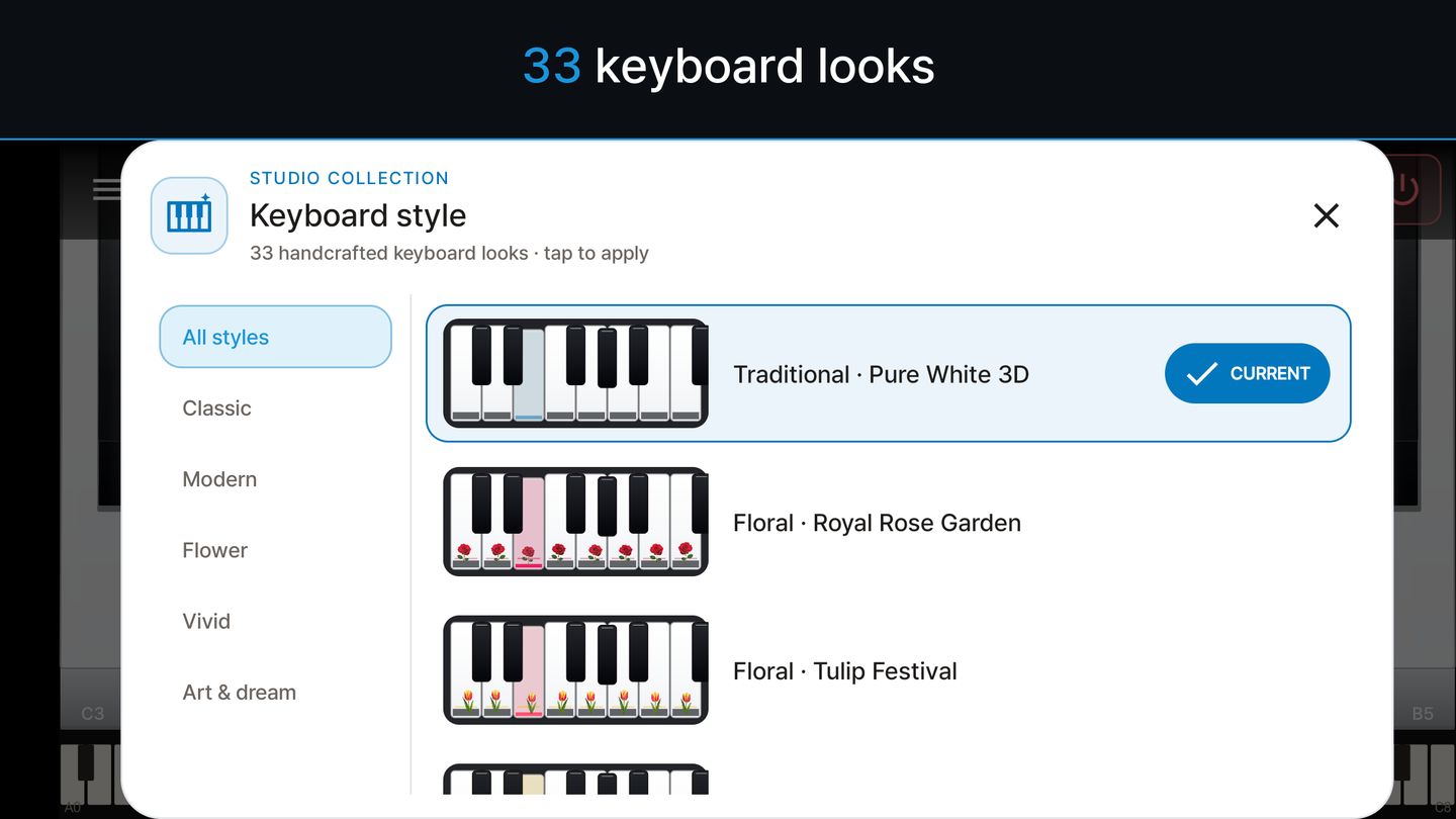 Seletor de estilo de teclado com 33 aparências