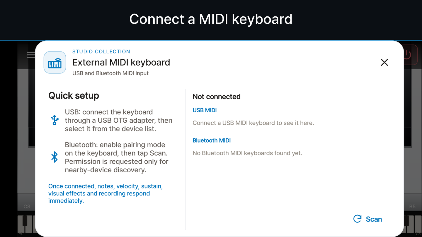 Configuração de teclado MIDI USB e Bluetooth